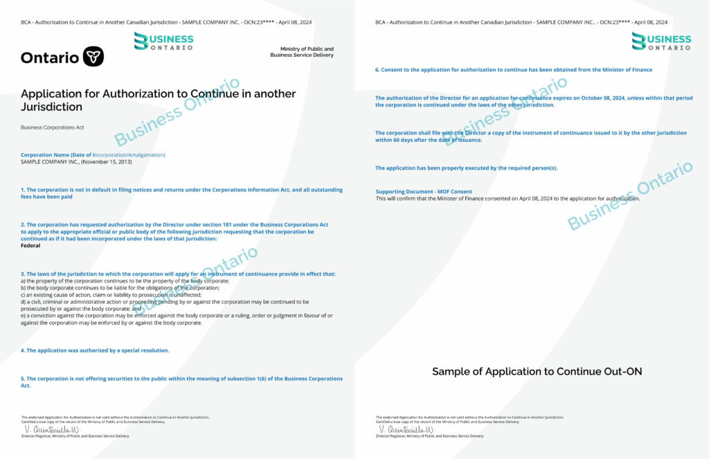 Application for Authorization for Continue of a corporation Out Ontario