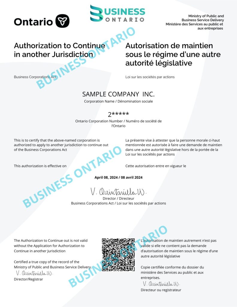 Authorization to Continue of a corporation in another Jurisdiction from Ontario to Alberta
