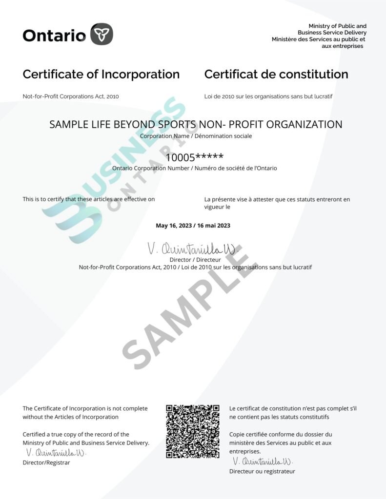 Ontario Non Profit Certificate of Incorporation